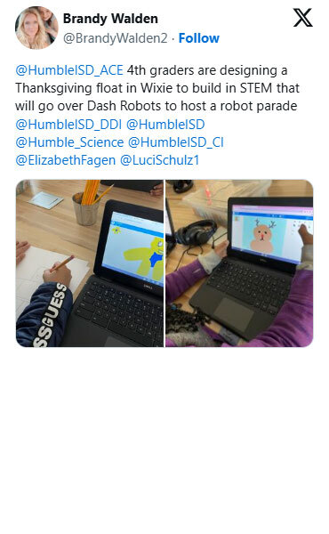 @HumbleISD_ACE 4th graders are designing a Thanksgiving float in Wixie to build in STEM that will go over Dash Robots to host a robot parade.