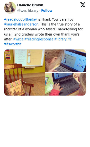#readaloudoftheday is Thank You, Sarah by #lauriehalseanderson. This is the true story of a rockstar of a woman who saved Thanksgiving for us all! 2nd graders wrote their own thank you's after.