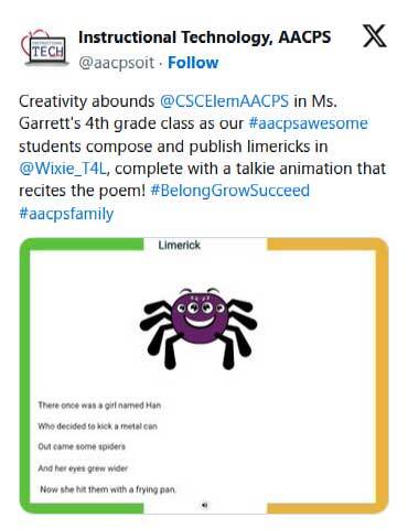Creativity abounds in Ms. Garrett's 4th grade class as our #aacpsawesome students compose and publish limericks in @Wixie_T4L, complete with a talkie animation that recites the poem!