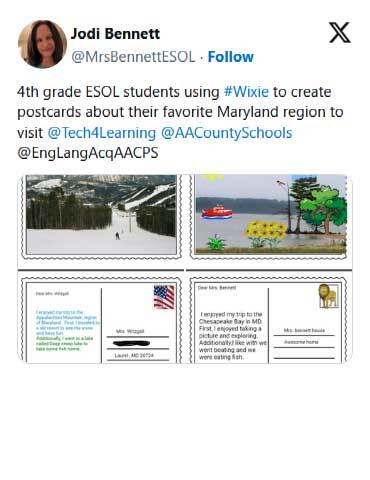 4th grade ESOL students using #Wixie to create postcards about their favorite Maryland region to visit.