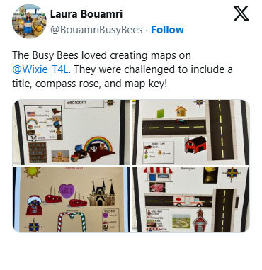 The Busy Bees loved creating maps on @Wixie. They were challenged to include a title, compass rose, and map key!
