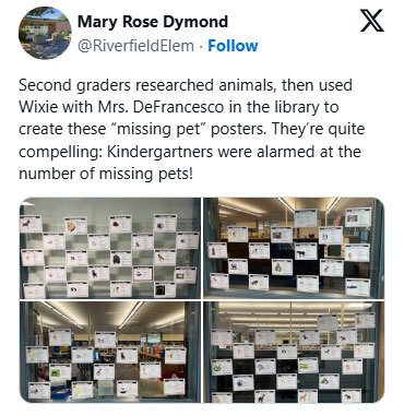Second graders researched animals, then used Wixie with Mrs. DeFrancesco in the library to create these 'missing pet' posters. They’re quite compelling: Kindergartners were alarmed at the number of missing pets!
