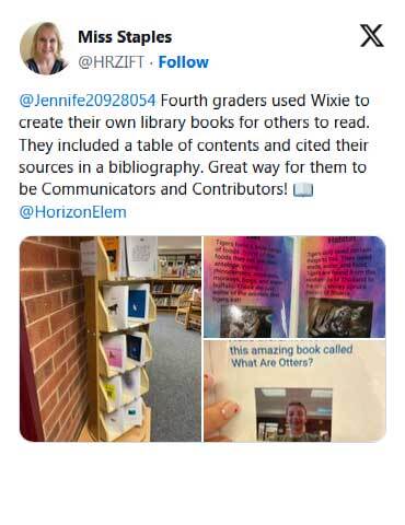 Fourth graders used Wixie to create their own library books for others to read. They included a table of contents and cited their sources in a bibliography. Great way for them to be Communicators and Contributors!