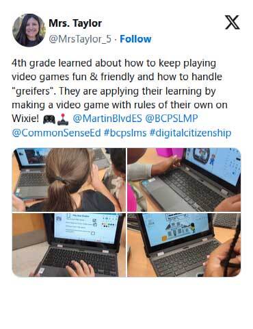 4th grade learned about how to keep playing video games fun and friendly and how to handle 'greifers'. They are applying their learning by making a video game with rules of their own on Wixie!