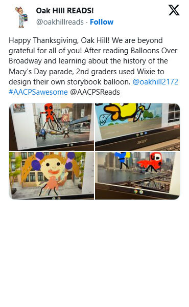 Happy Thanksgiving, Oak Hill! We are beyond grateful for all of you! After reading Balloons Over Broadway and learning about the history of the Macy's Day parade, 2nd graders used Wixie to design their own storybook balloon.