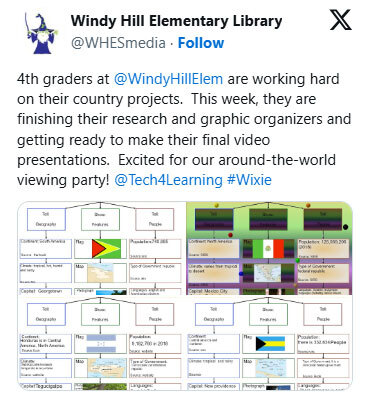 4th graders at @WindyHillElem are working hard on their country projects. This week, they are finishing their research and graphic organizers and getting ready to make their final video presentations. Excited for our around-the-world viewing party!